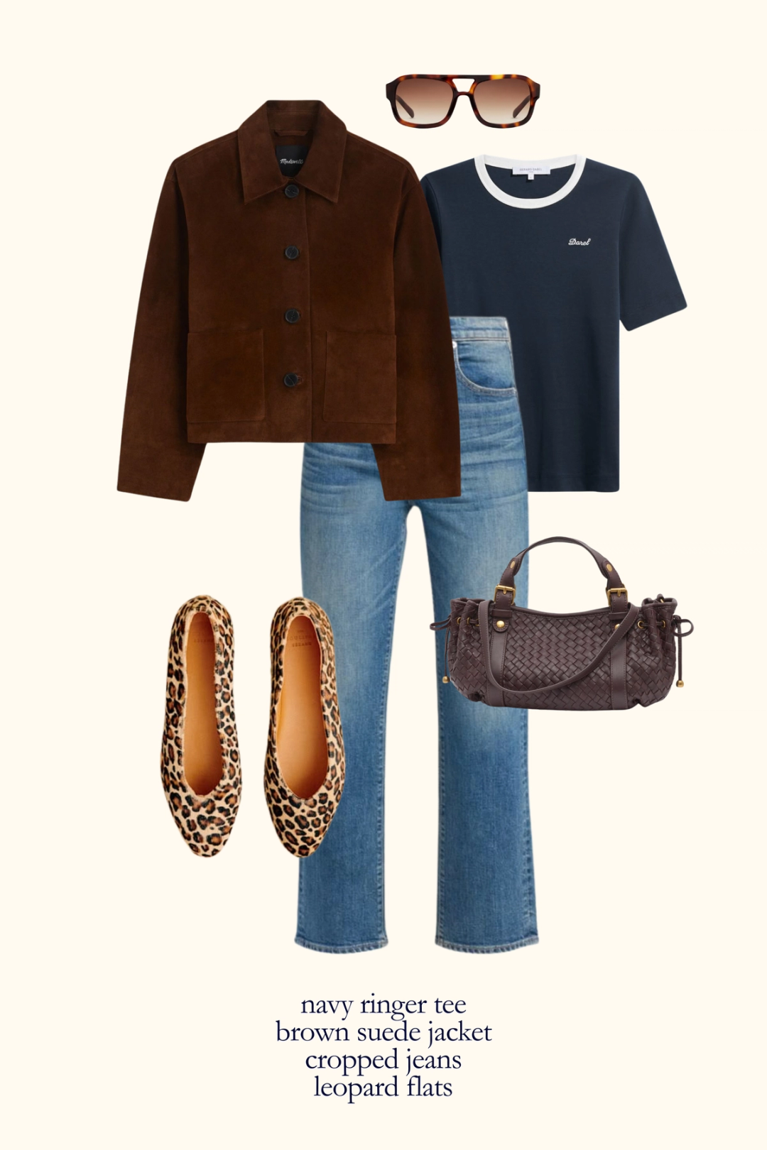casual fall outfit with a navy ringer tee, brown suede jacket, cropped denim, and leopard print flats