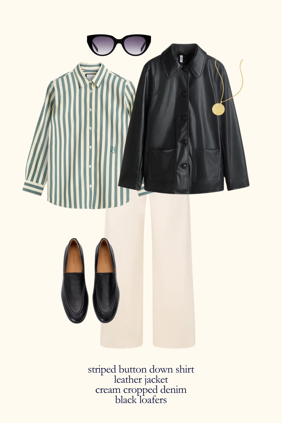 fall outfit idea with a green striped button down shirt, black leather jacket, cream colored denim, and black loafers