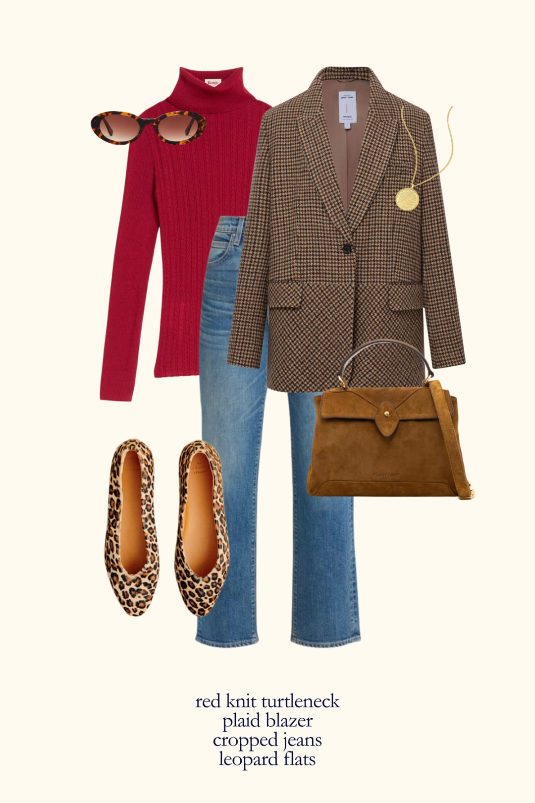 Parisian fall outfit with a red turtleneck, plaid blazer, cropped denim, and leopard print flats