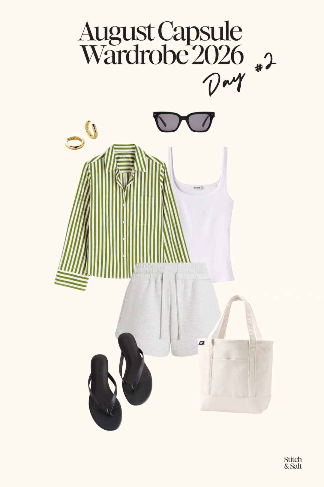 summer wardrobe wardrobe outfit with a white tank, green striped button down, gray shorts, and black flip flops