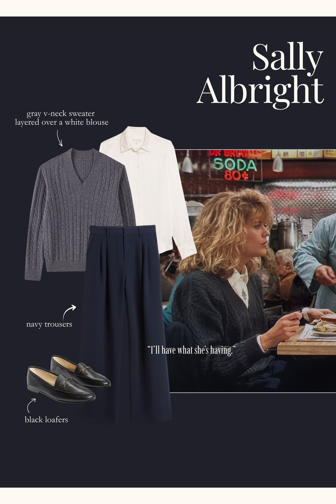 Sally Albright wearing a white blouse and gray sweater