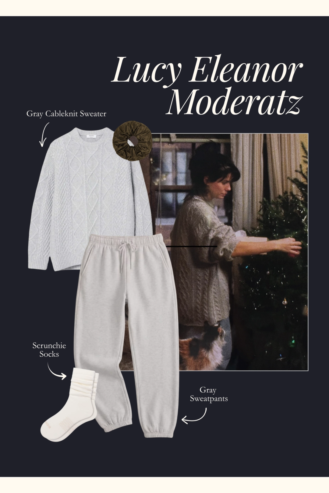 Lucy from While You Were Sleeping in a gray cableknit sweater and sweatpants