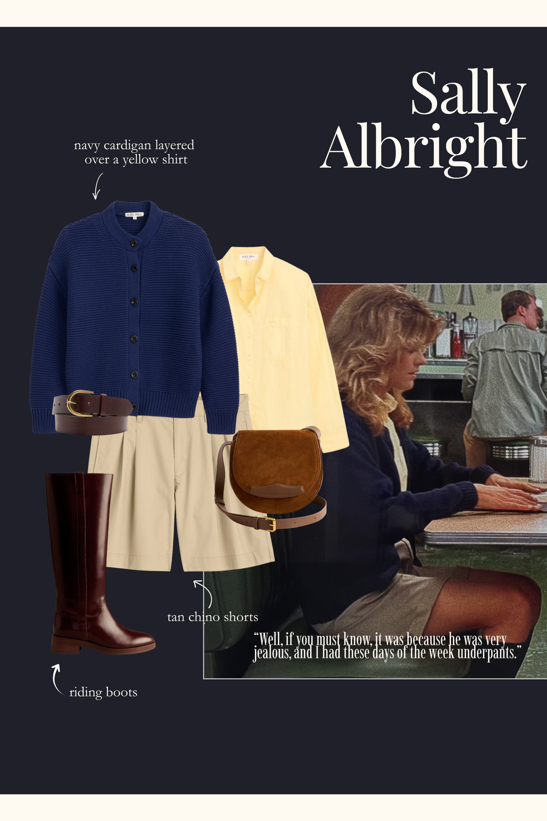 Sally Allbright outfit with a yellow button down shirt, navy cardigan, khaki shorts, and riding boots