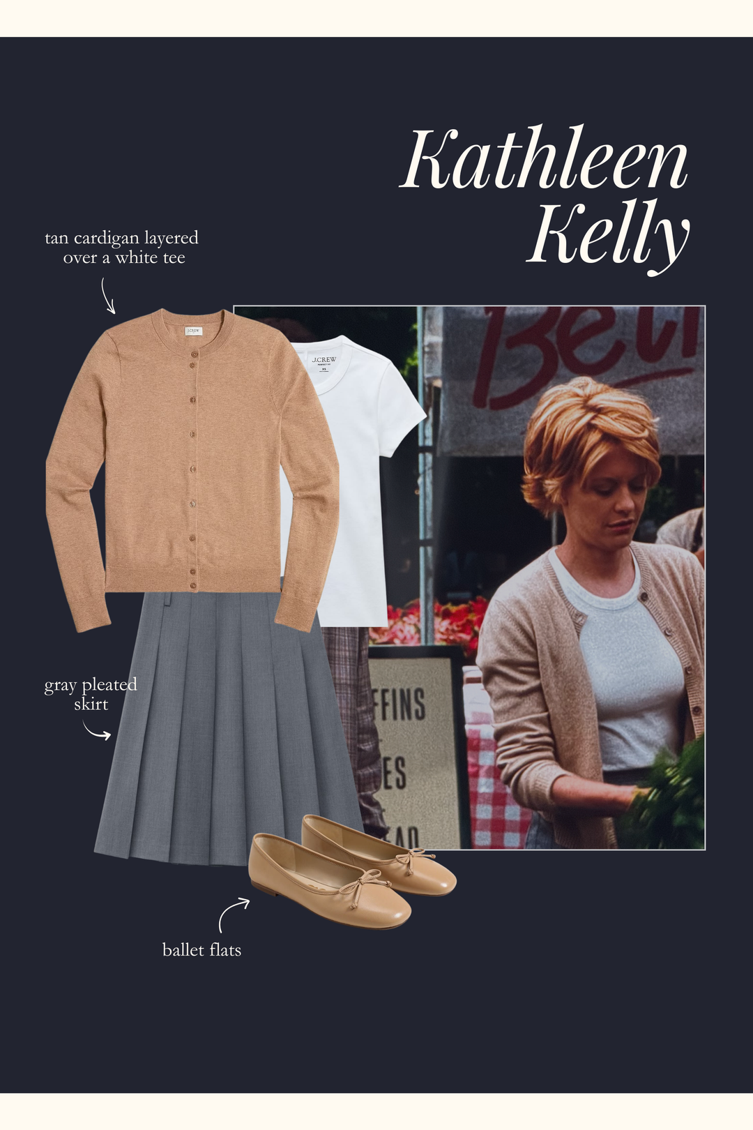 Kathleen Kelly outfit with a white tee, tan cardigan sweater and pleated skirt