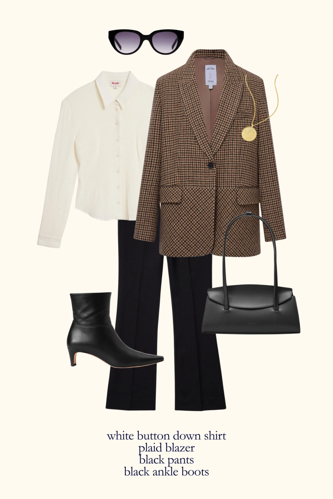 fall outfit idea with a white button down shirt, plaid blazer, black kick flare pants, and black ankle boots