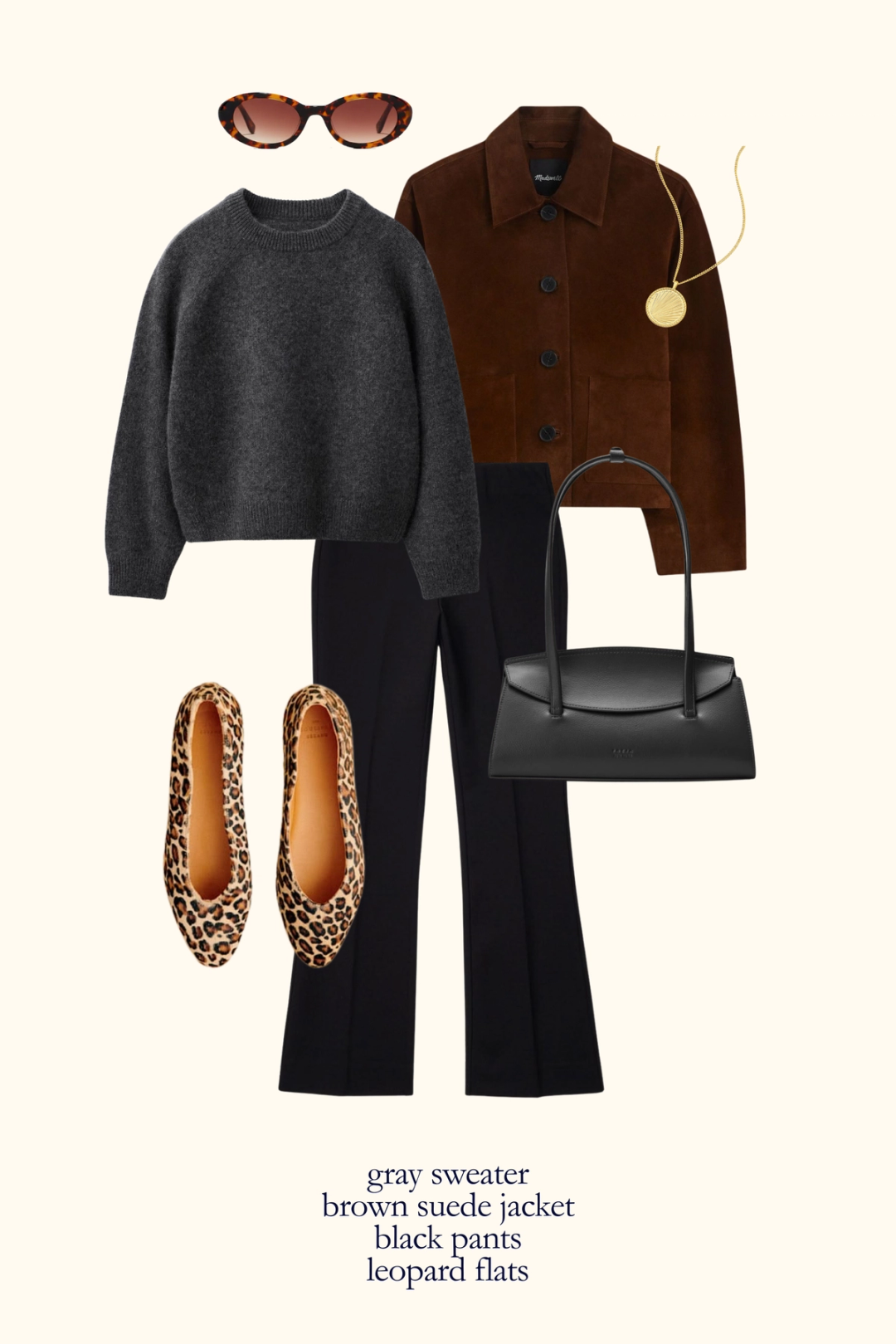 fall outfit idea with a gray sweater, brown suede jacket, black kick flare pants, and leopard print flats