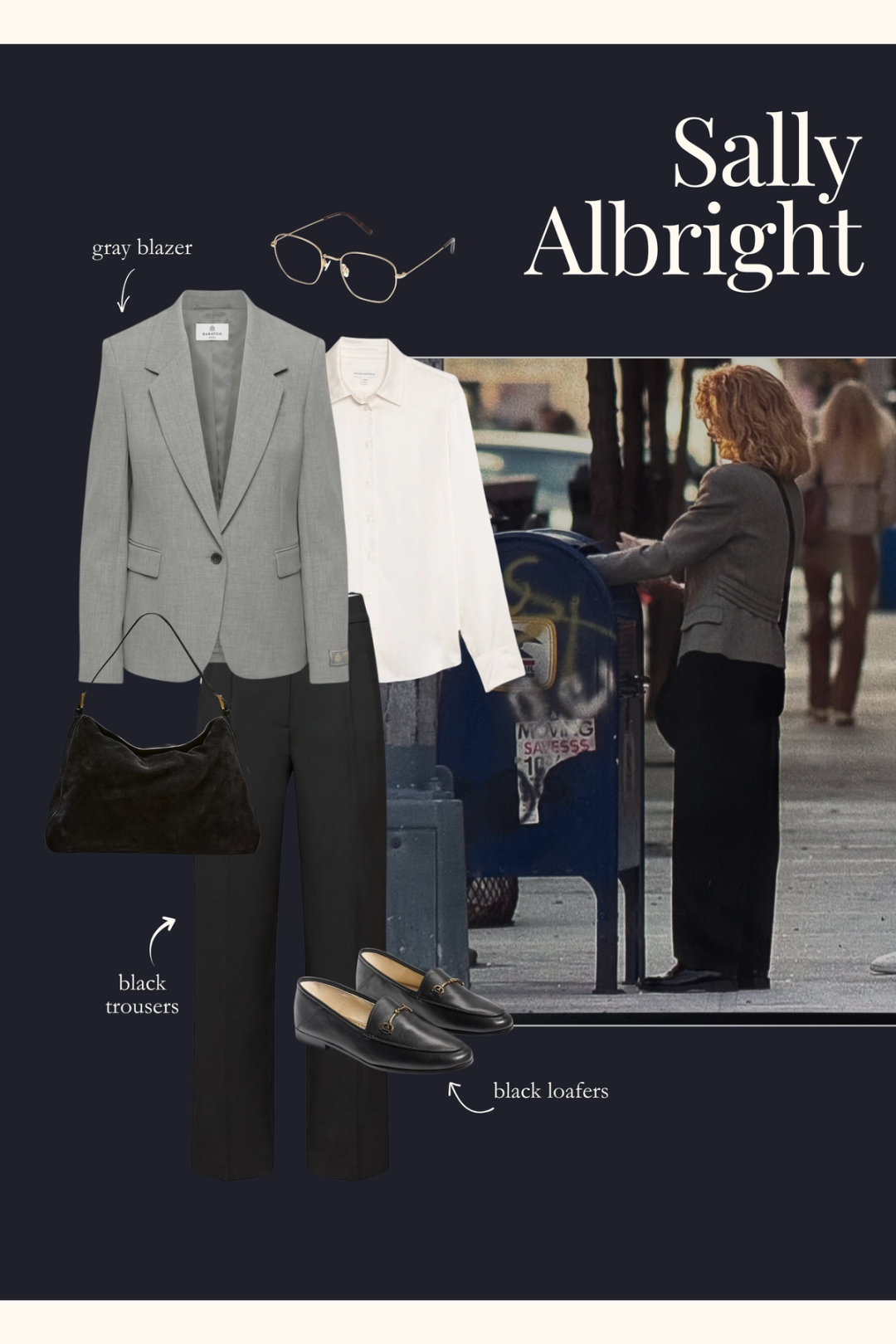 Sally Albright outfit with a gray blazer, black trousers, and black loafers