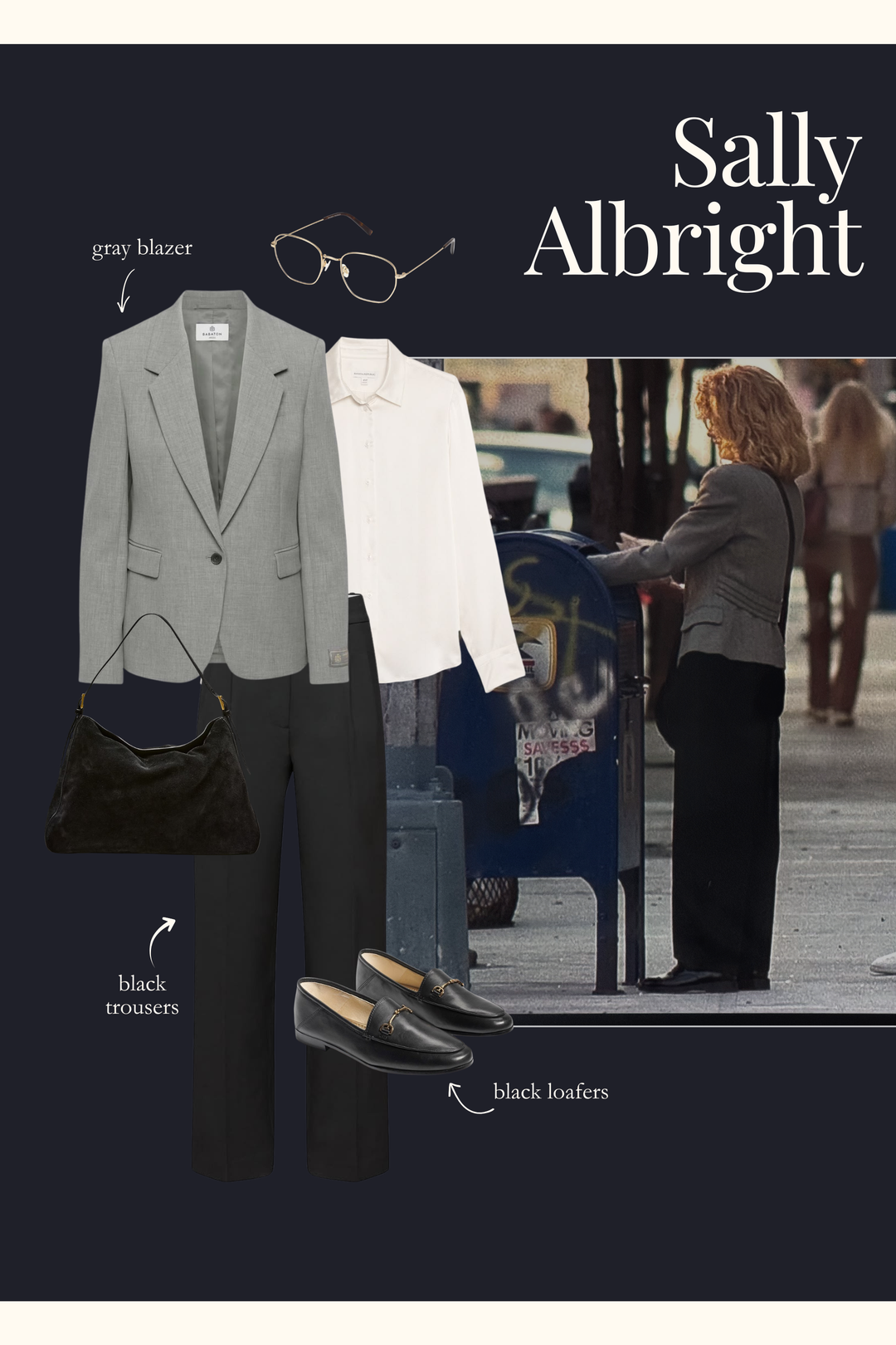 Sally Albright outfit with a gray blazer, black trousers, and black loafers