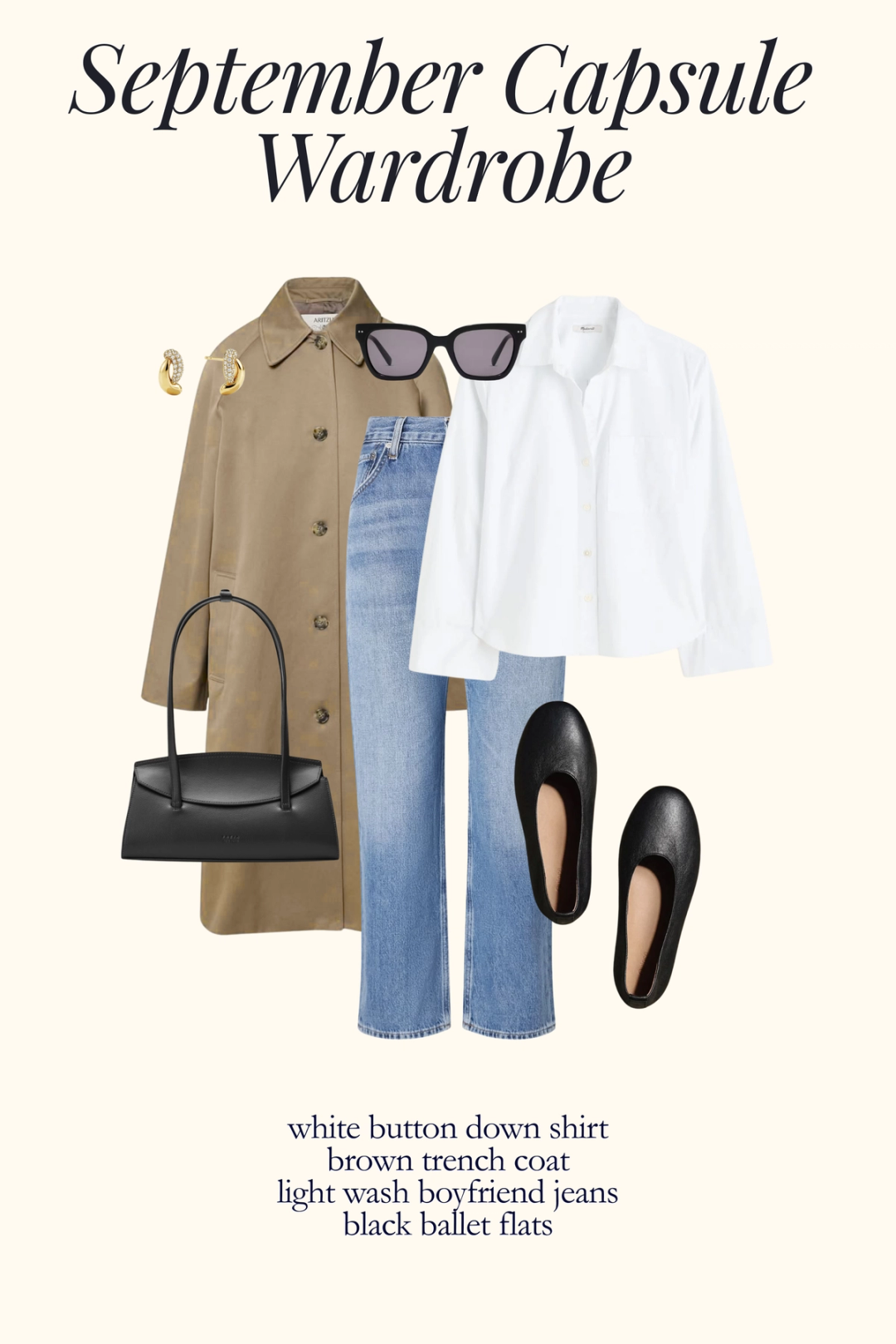 casual chic fall outfit with a white button down shirt, light wash boyfriend jeans, tan trench coat, and black ballet flats