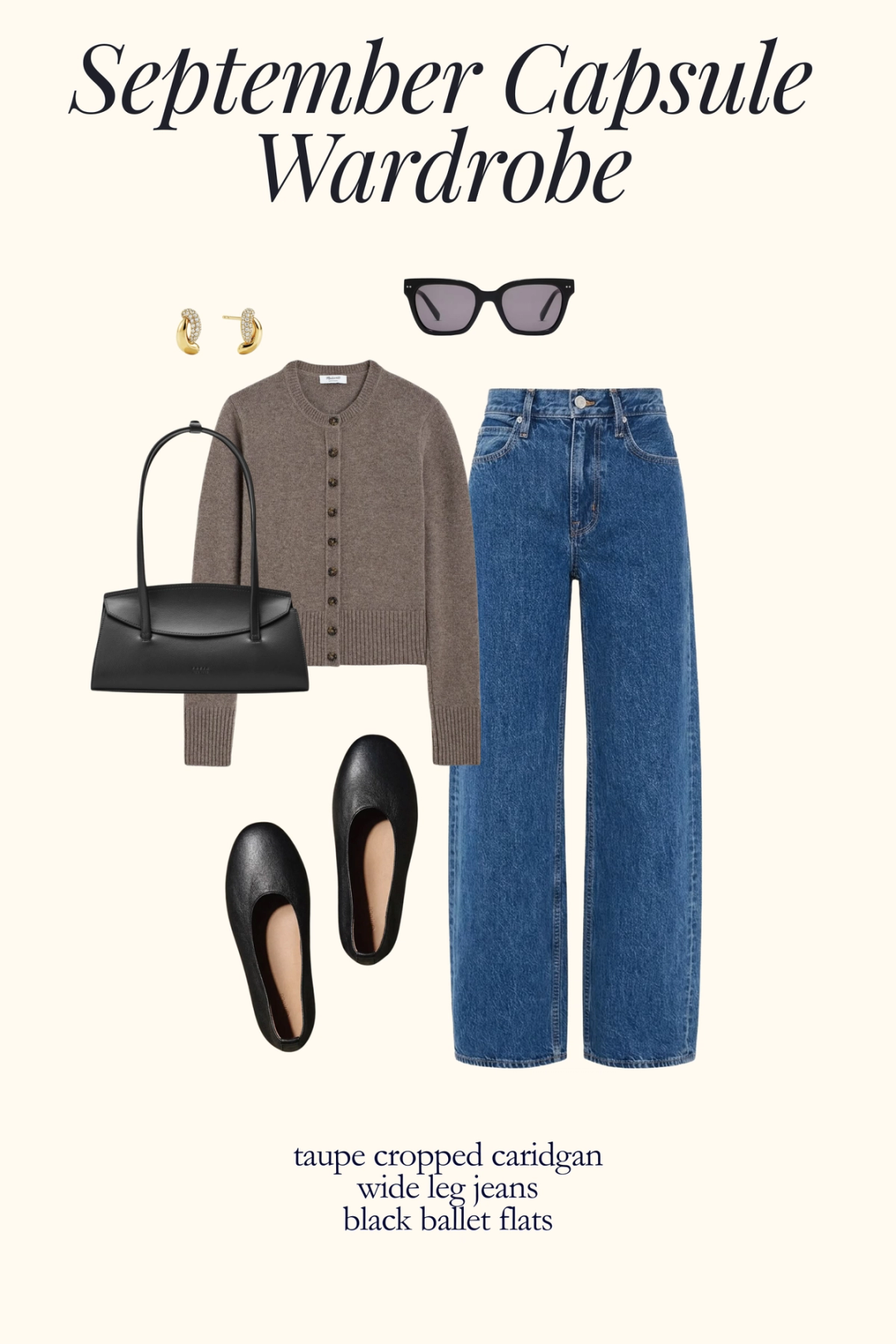 fall outfit with a taupe cropped cardigan, wide leg jeans, and black ballet flats