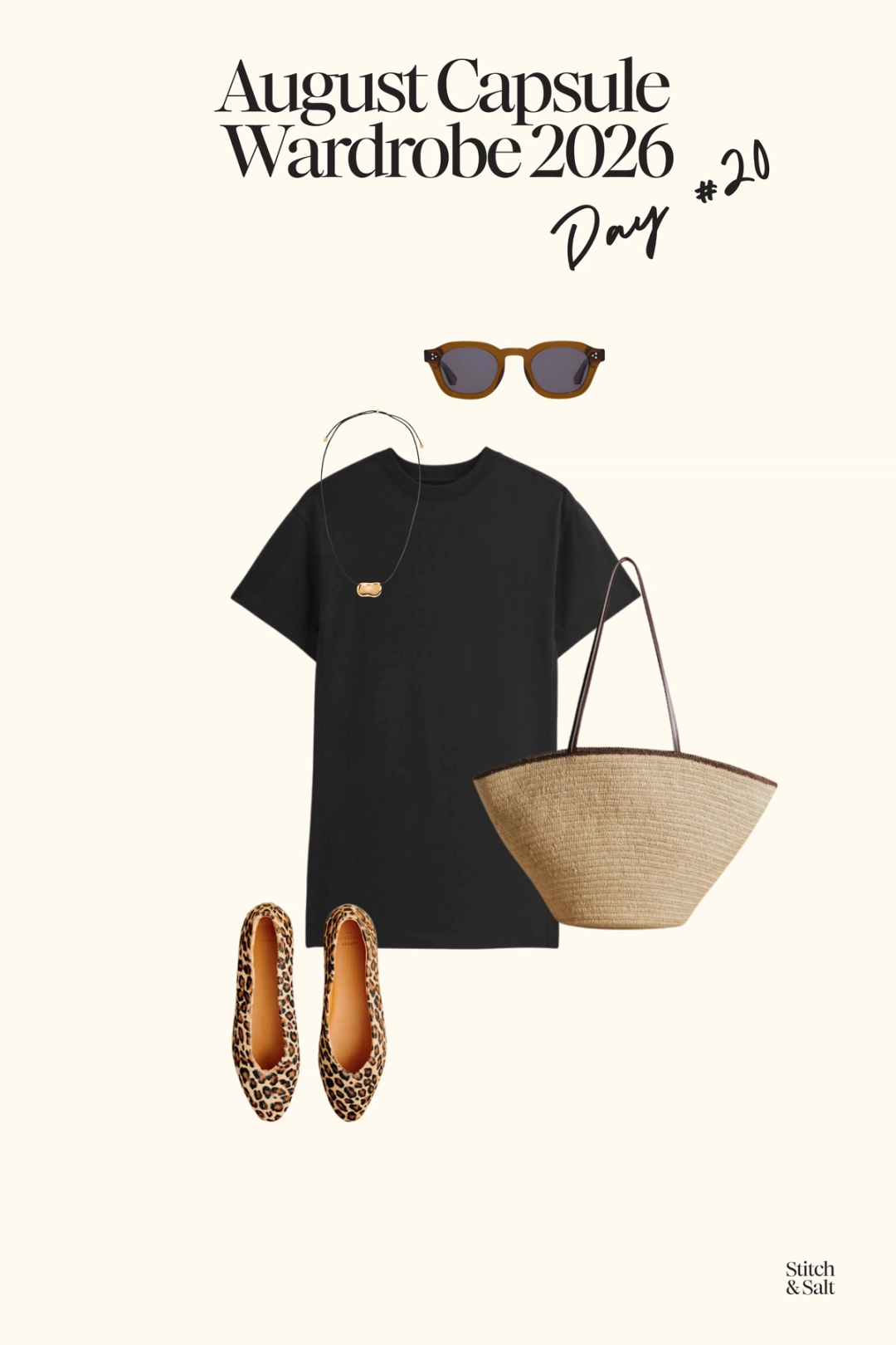 summer outfit idea with a black t-shirt dress, leopard print sandals, and a woven bag