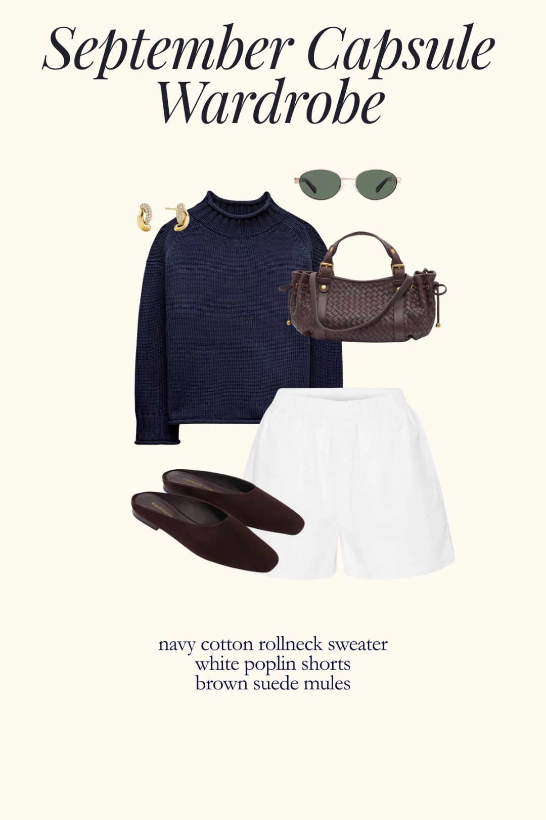 early fall outfit with a navy rollneck sweater, white poplin shorts, and brown suede mules
