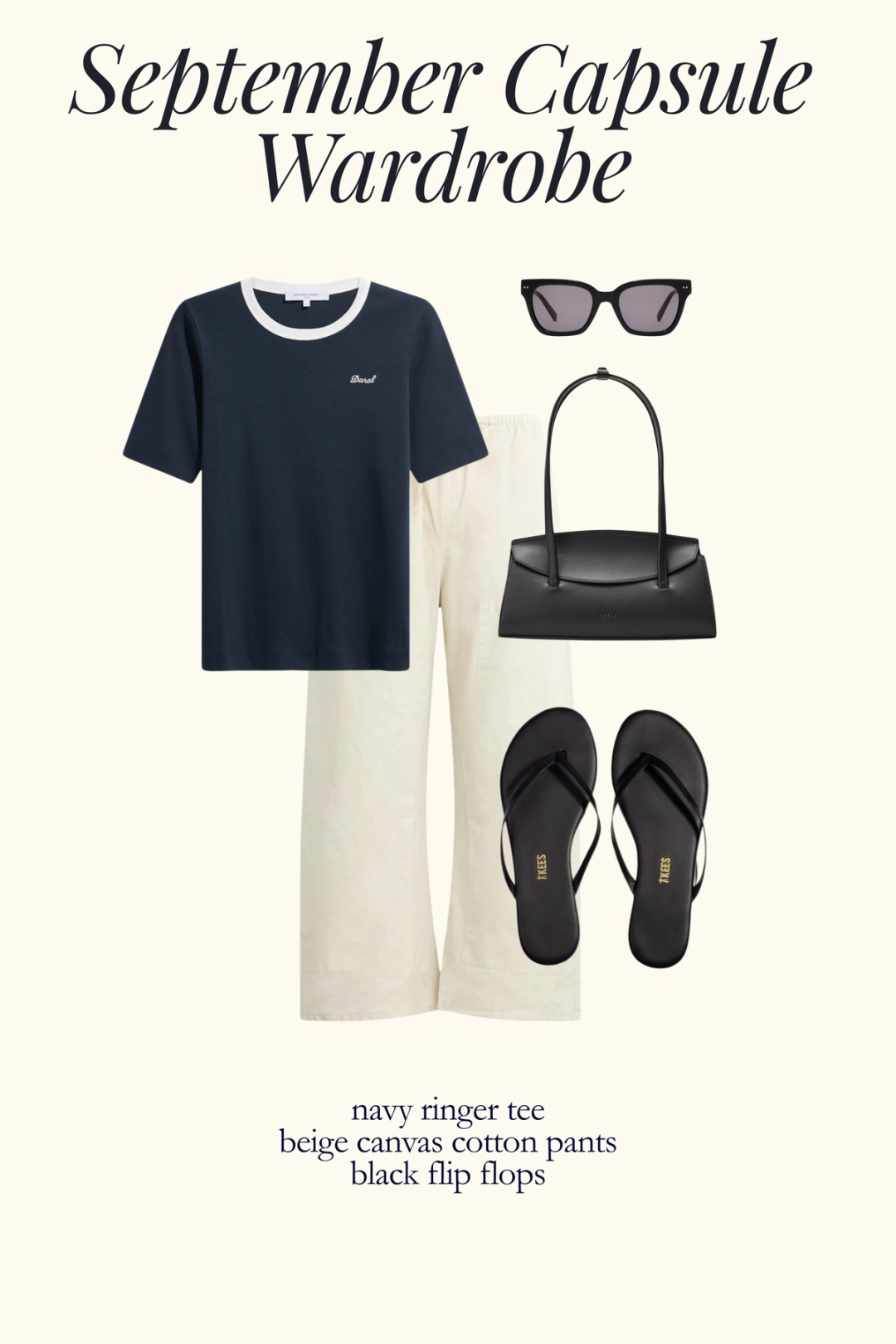 fall outfit with a navy ringer tee, beige barrel pants and black flip flops