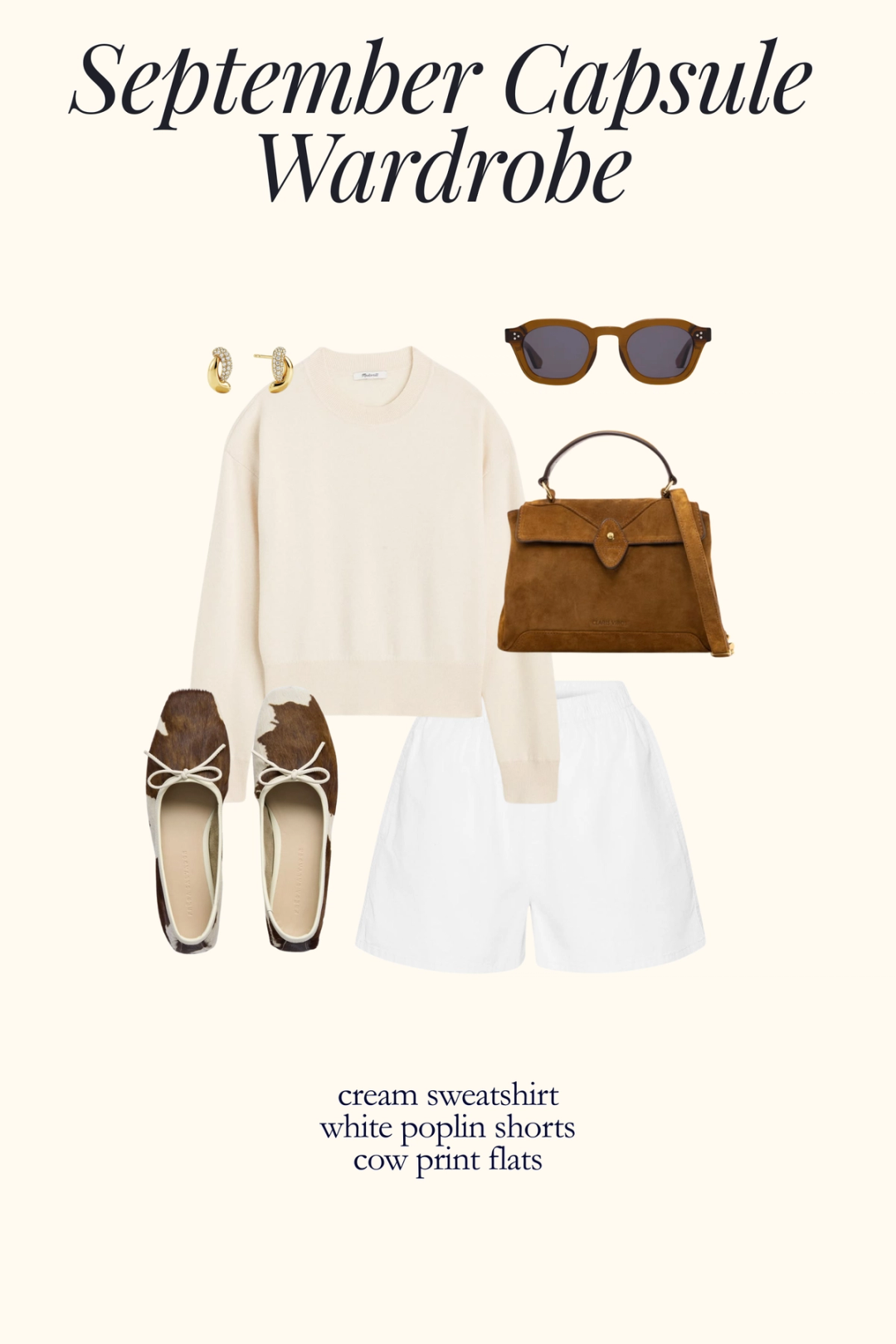 early fall outfit with a cream sweatshirt, white poplin shorts, and cow print flats