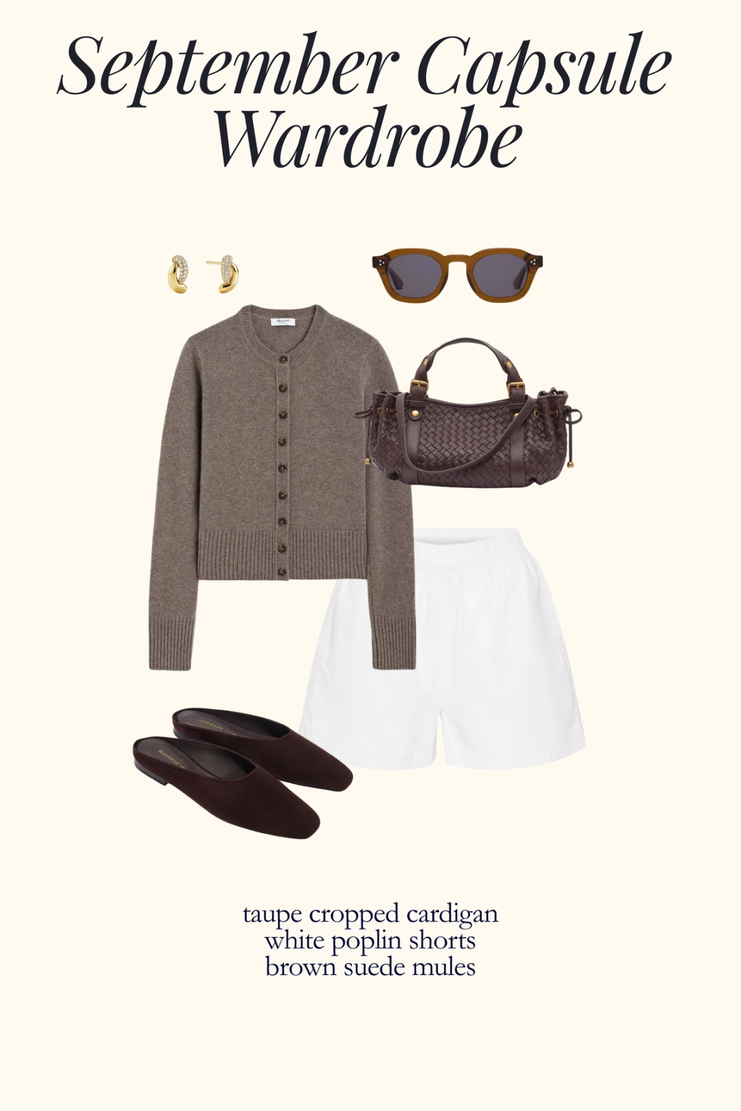 early fall outfit idea with a taupe cropped cardigan, white poplin shorts, and brown suede mules