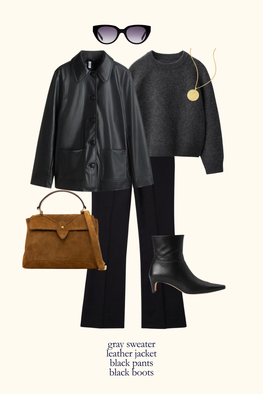 casual chic fall outfit with a gray sweater, black leather jacket, black kick flare pants, and black ankle boots