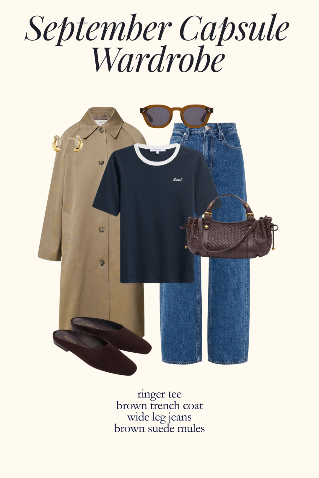 fall outfit with a navy ringer tee, wide leg jeans, brown suede mules and a tan trench coat