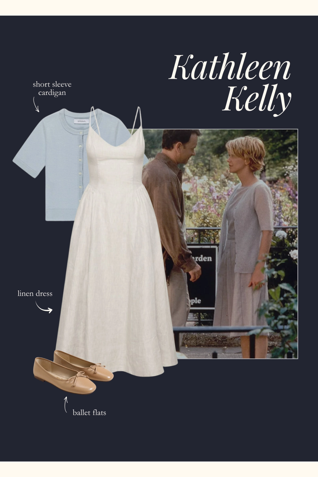 Kathleen Kelly outfit with a beige dress, blue cardigan, and ballet flats