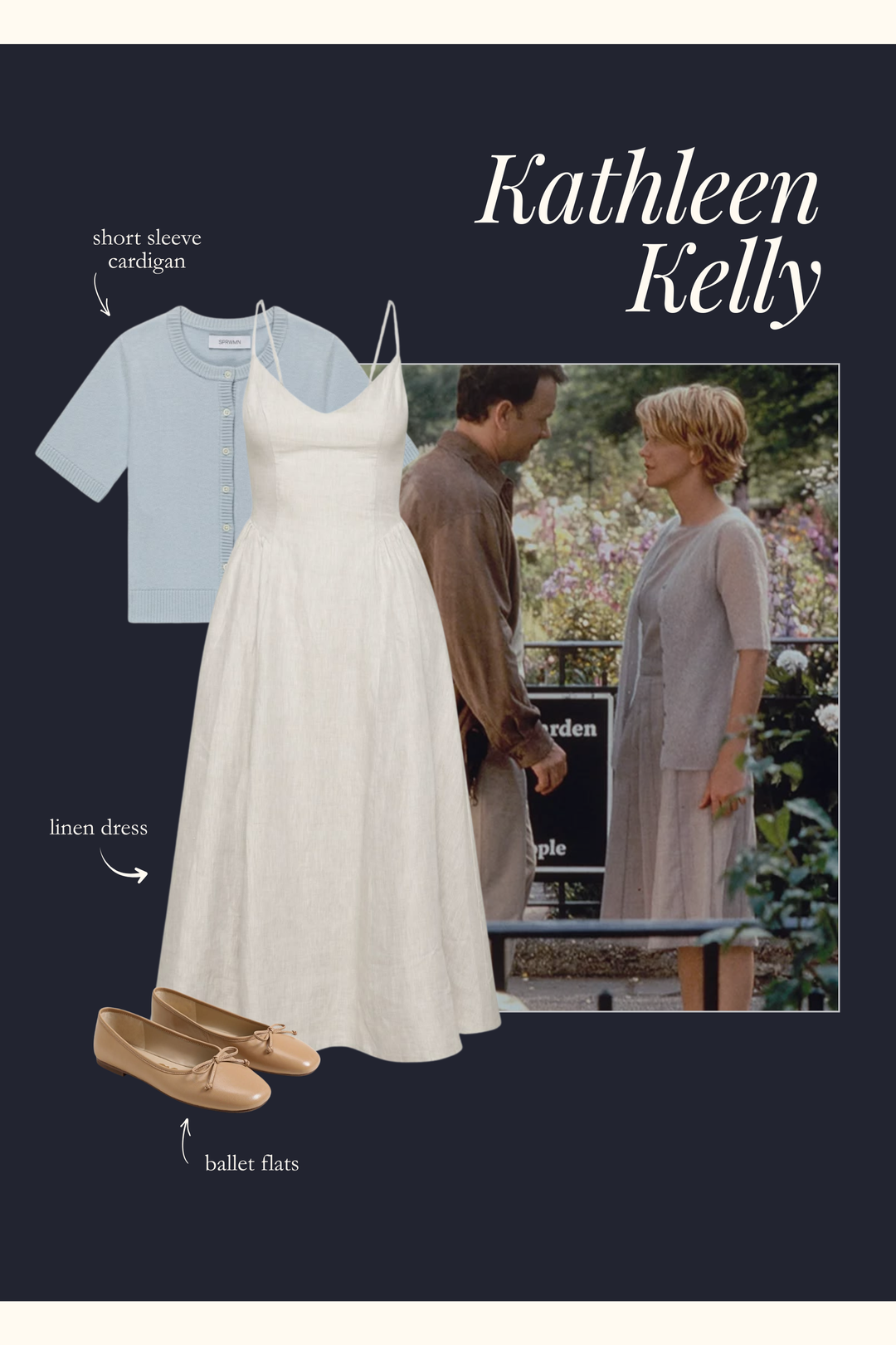 Kathleen Kelly outfit with a beige dress, blue cardigan, and ballet flats