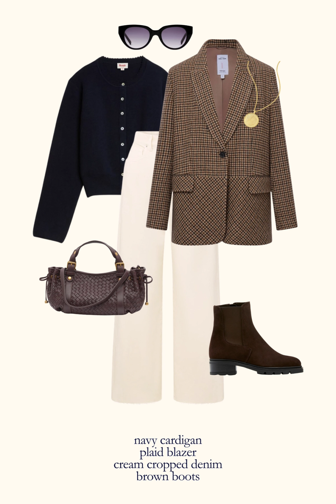 fall capsule wardrobe outfit with a navy cardigan, plaid blazer, cream denim, and brown suede Chelsea boots