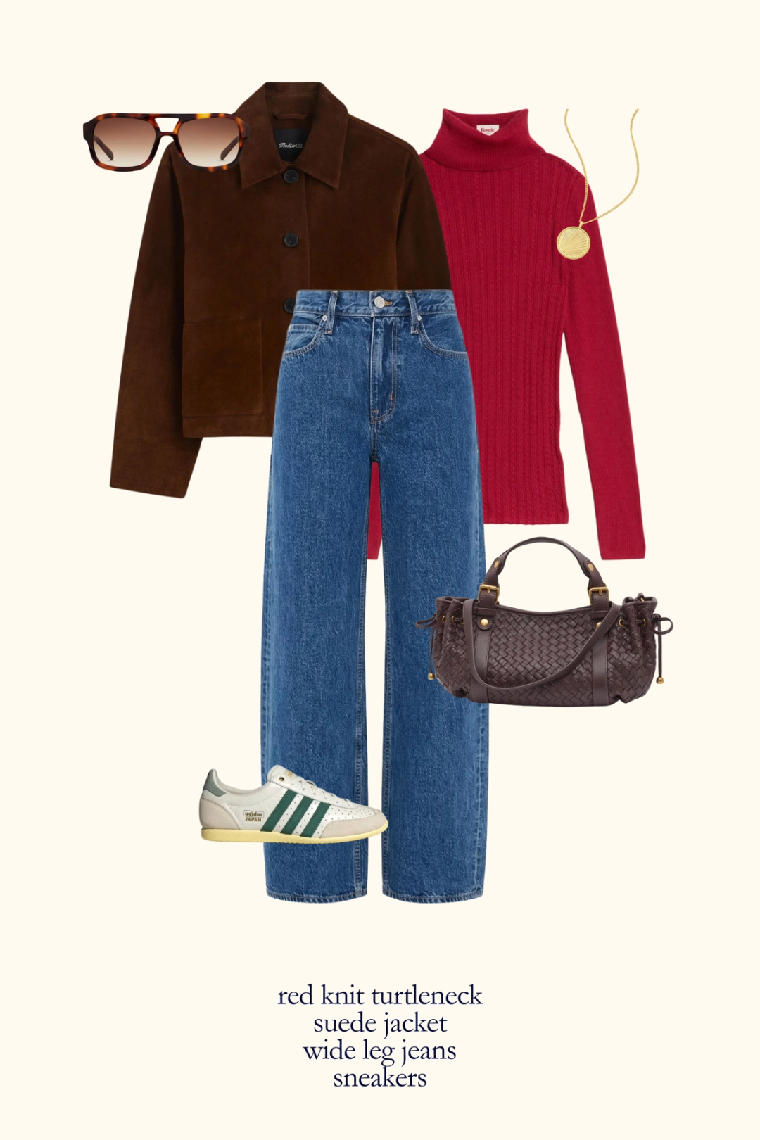 Parisian fall outfit with a red turtleneck, brown suede jacket, wide leg jeans, and sneakers