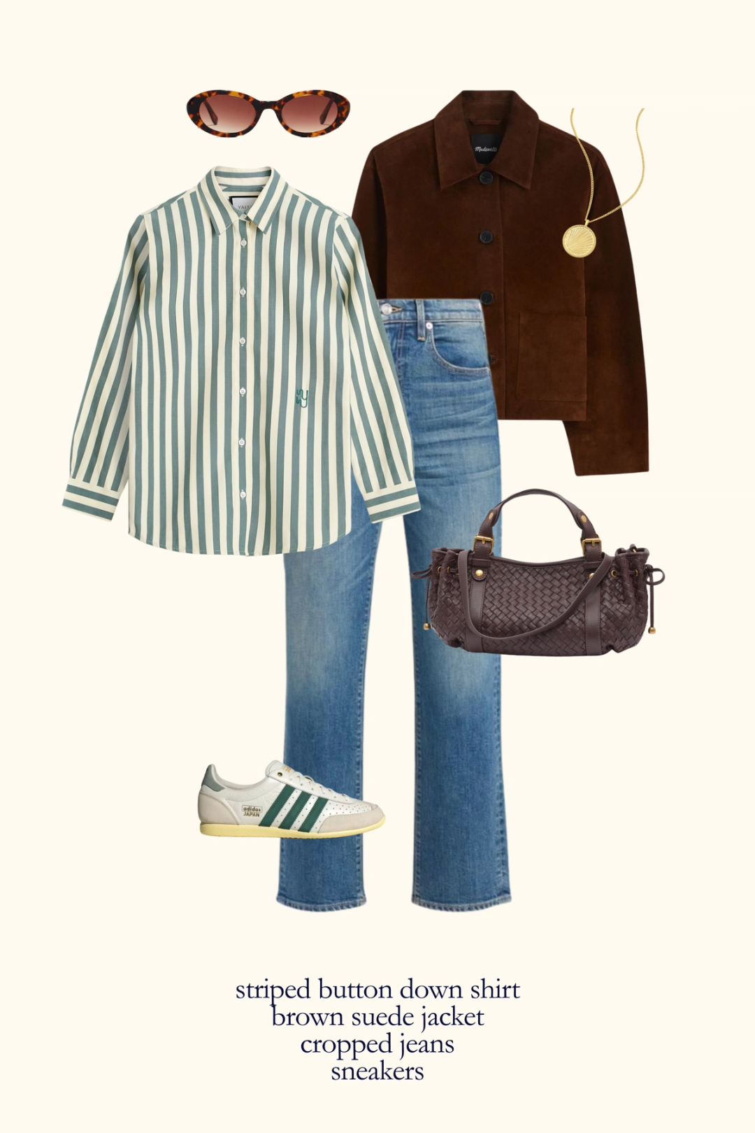 fall outfit with a green striped button down shirt, brown suede jacket, cropped denim, and sneakers