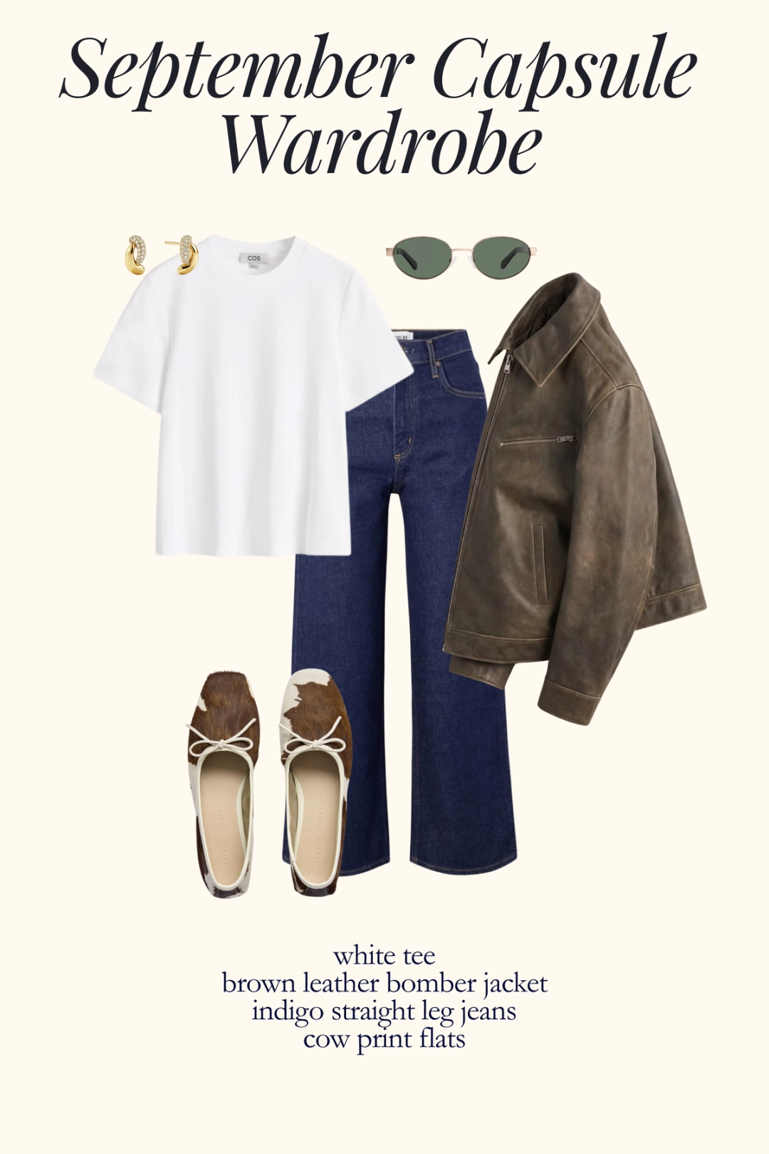 fall outfit idea with a white tee, brown leather jacket, indigo jeans, and cow print ballet flats