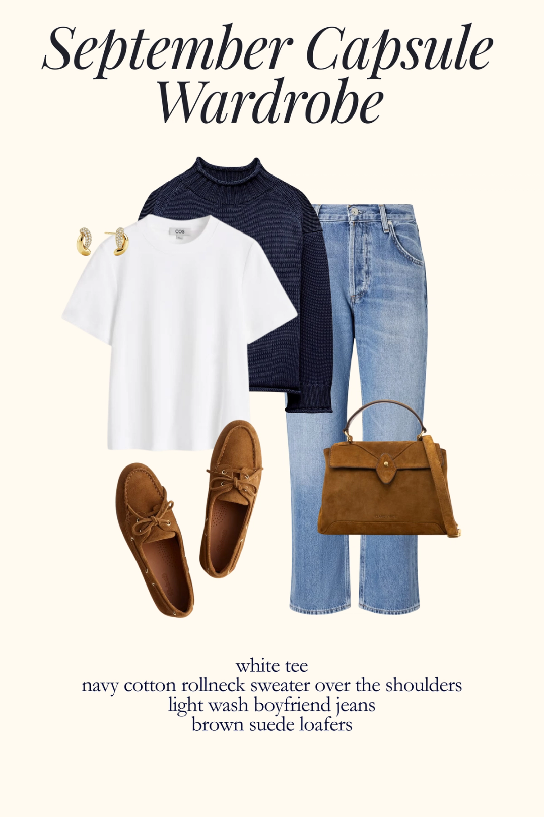fall outfit with a white tee, navy sweater over the shoulders, light wash jeans, and boat shoes