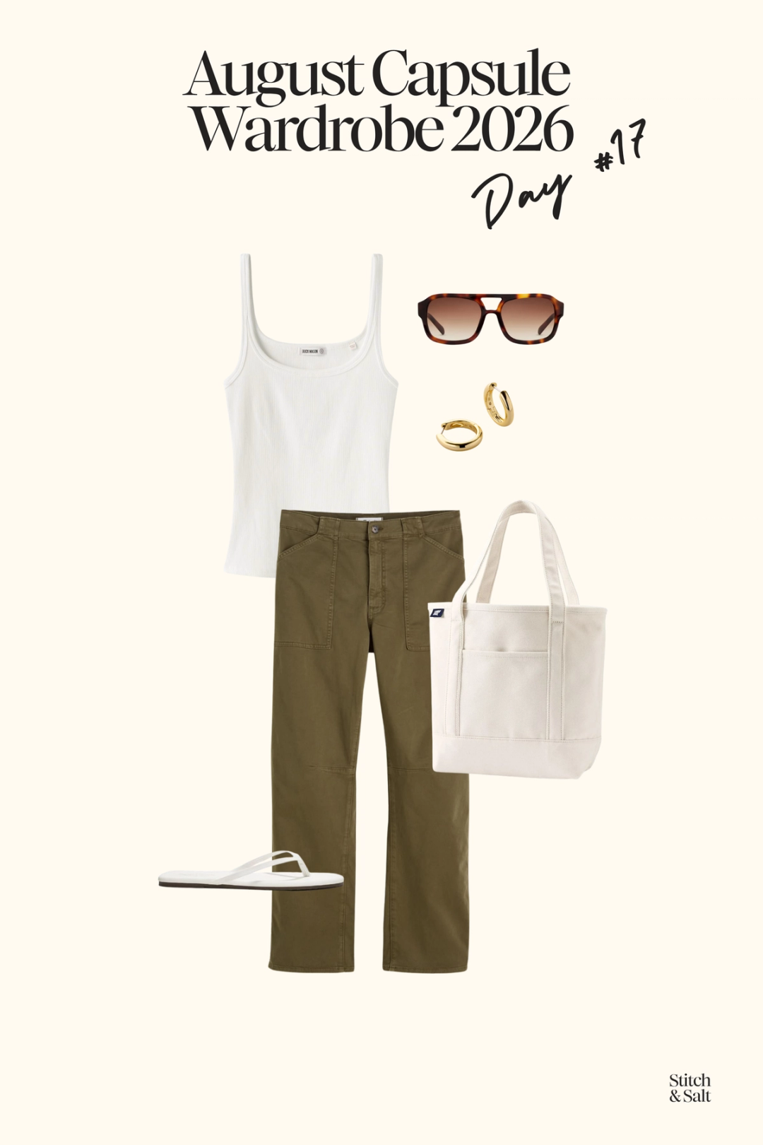 august capsule outfit idea with a white tank, green utility pants, white flip flops, and a canvas bag
