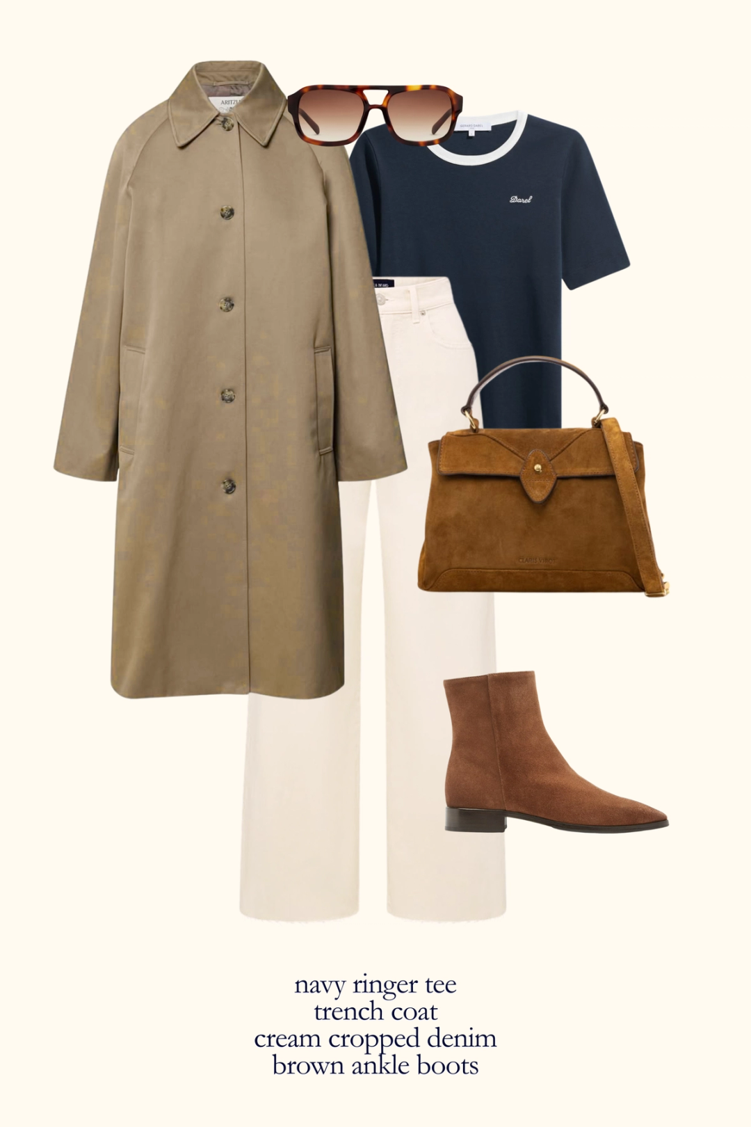 fall outfit idea with a navy ringer tee, tan trench coat, cream denim, and brown ankle boots