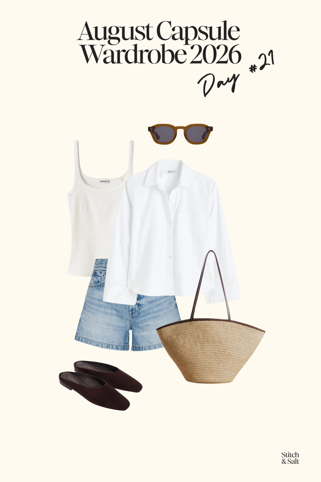 summer outfit with a white tank, white button down shirt, denim shorts, and brown suede mules
