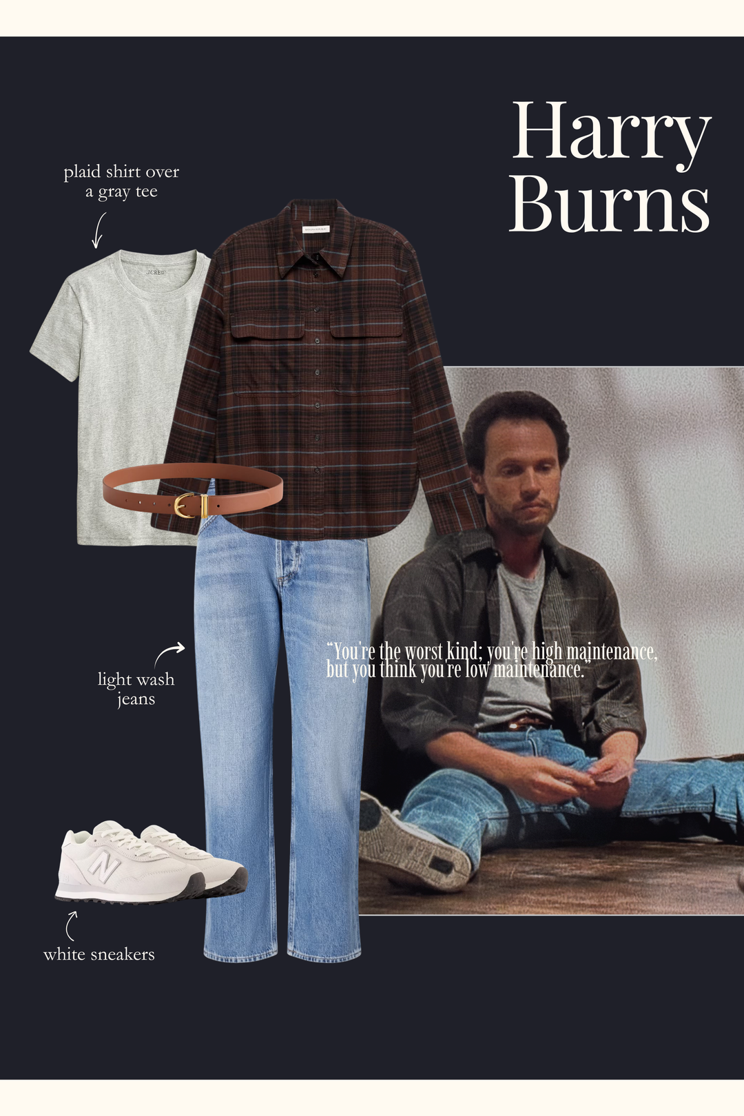 Harry Burns outfit with a gray tee, plaid flannel shirt, jeans, and white sneakers