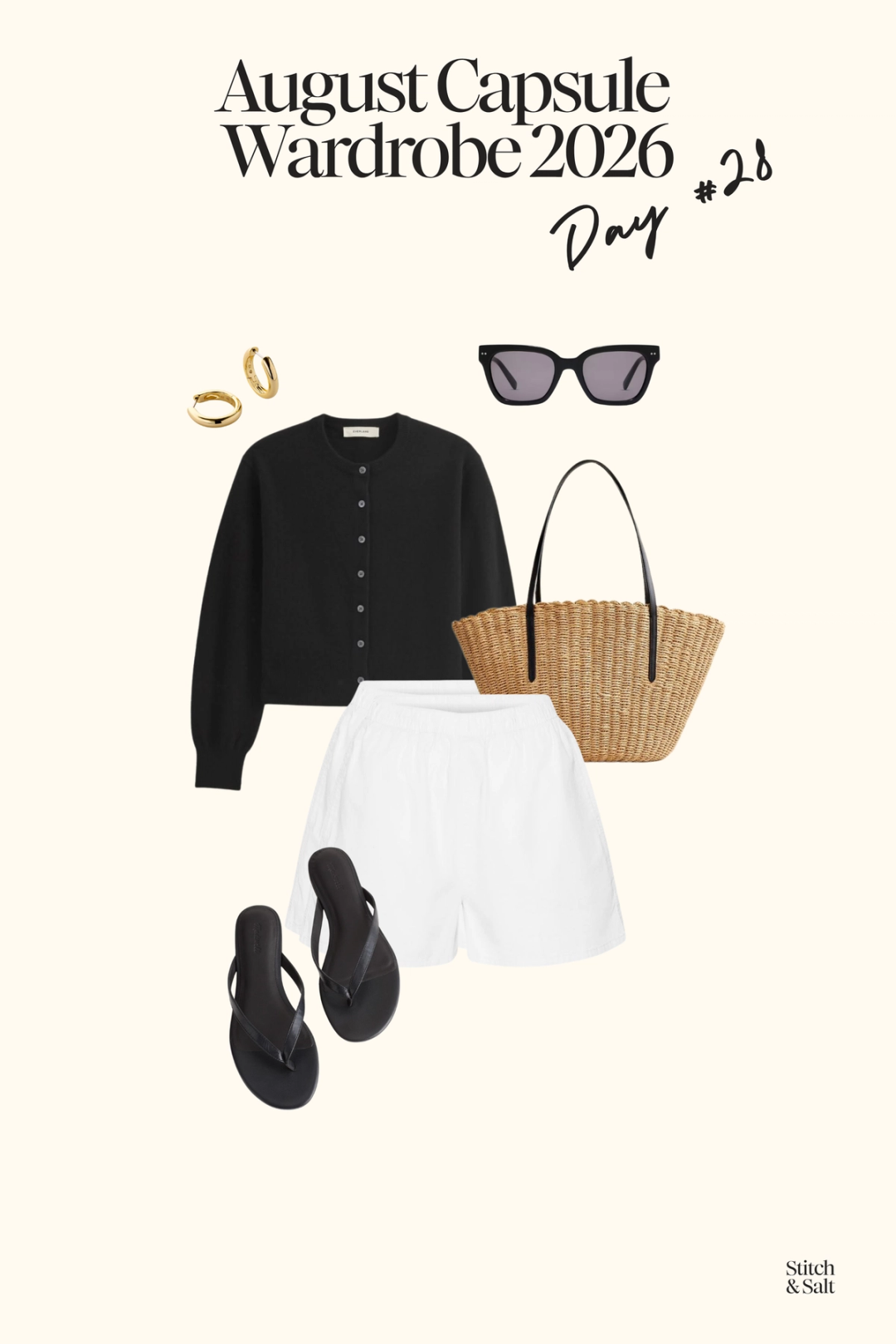 summer capsule outfit with a black cardigan, white poplin shorts, black flip flops, and a woven tote bag