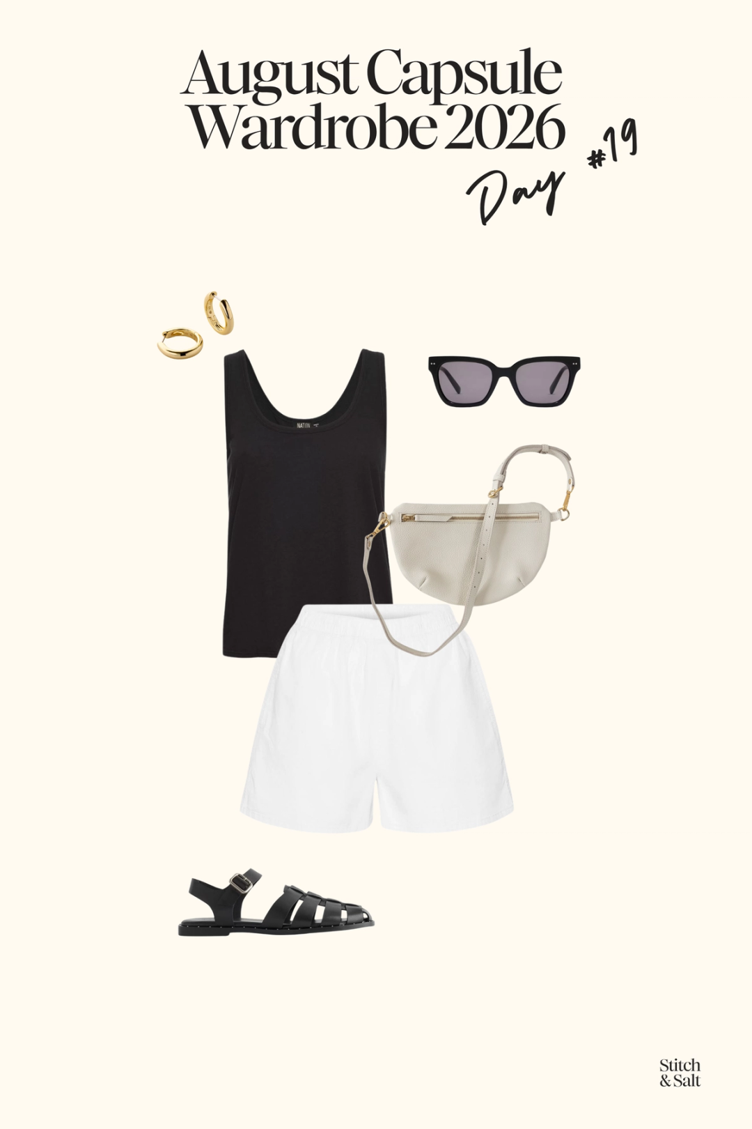 summer capsule outfit with a black tank, white poplin shorts, and black fisherman sandals