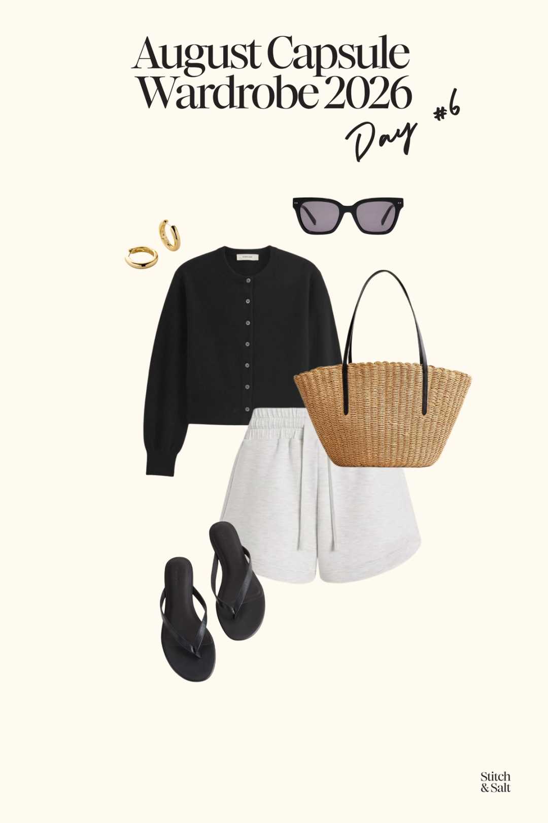 summer outfit with a black cardigan, gray shorts, black flip flops and a woven bag