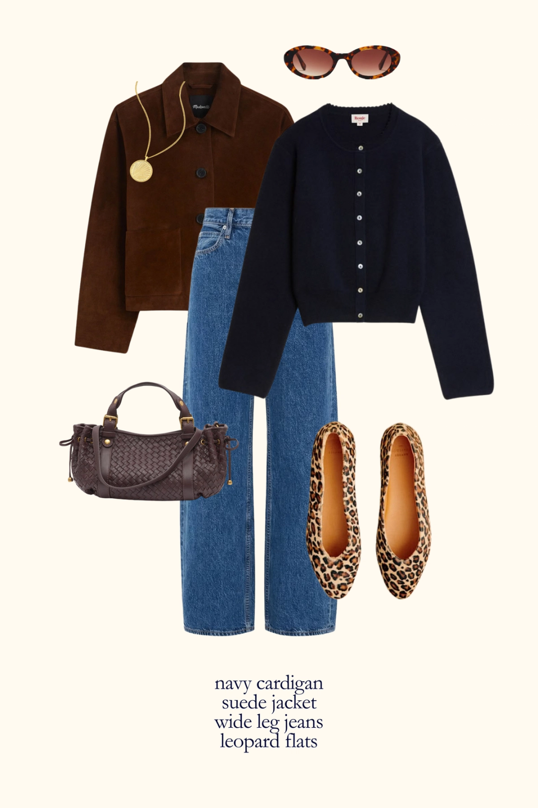 Parisian inspired fall capsule outfit with a navy cardigan, brown suede jacket, wide leg jeans, and leopard print flats