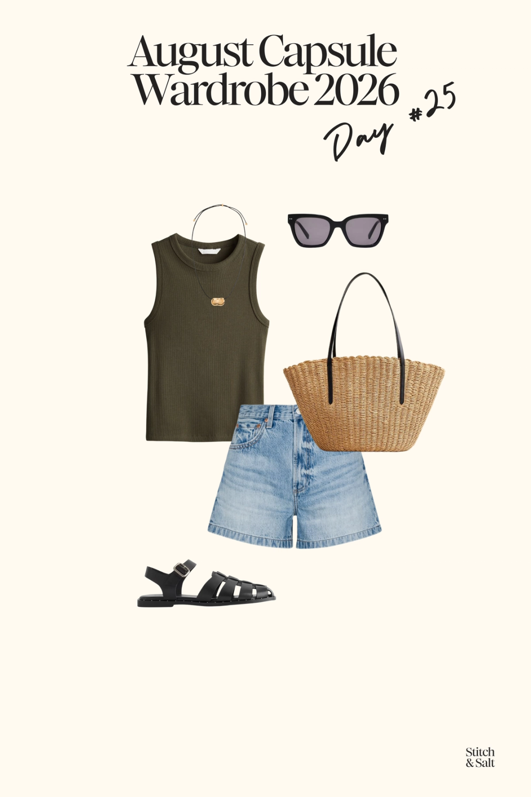 summer outfit with a green tank, denim shorts, black fisherman sandals, and a woven tote bag