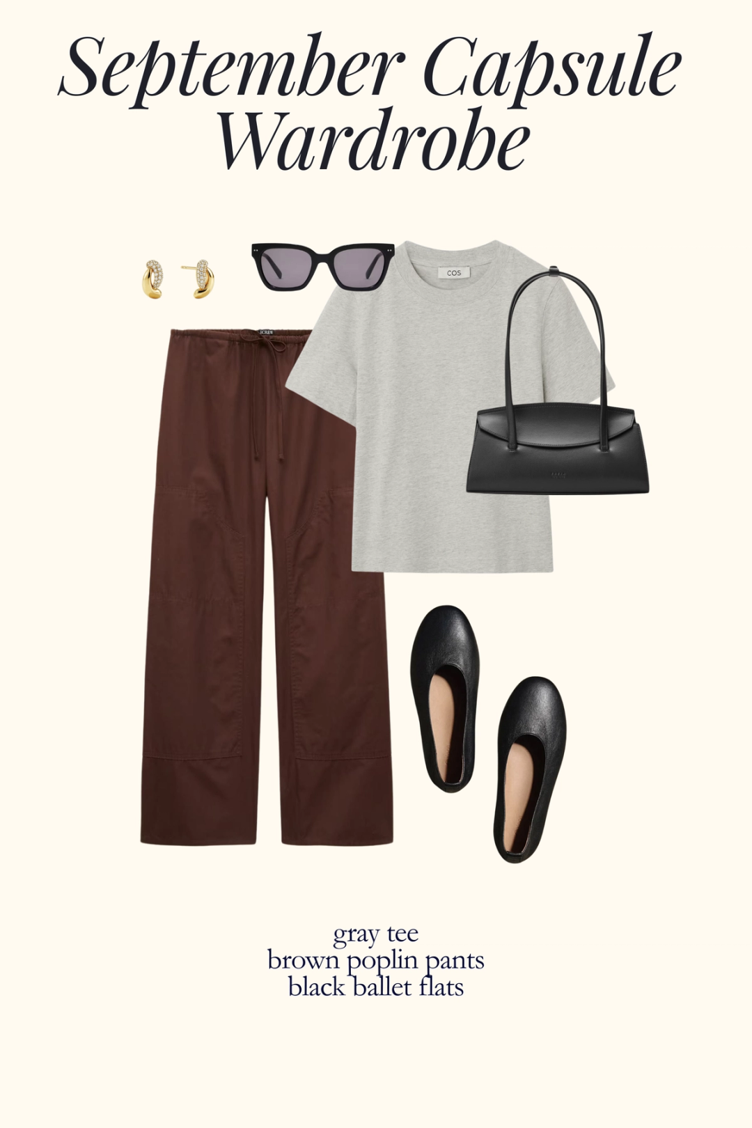 early fall outfit idea with a gray tee, brown poplin pants, and black ballet flats