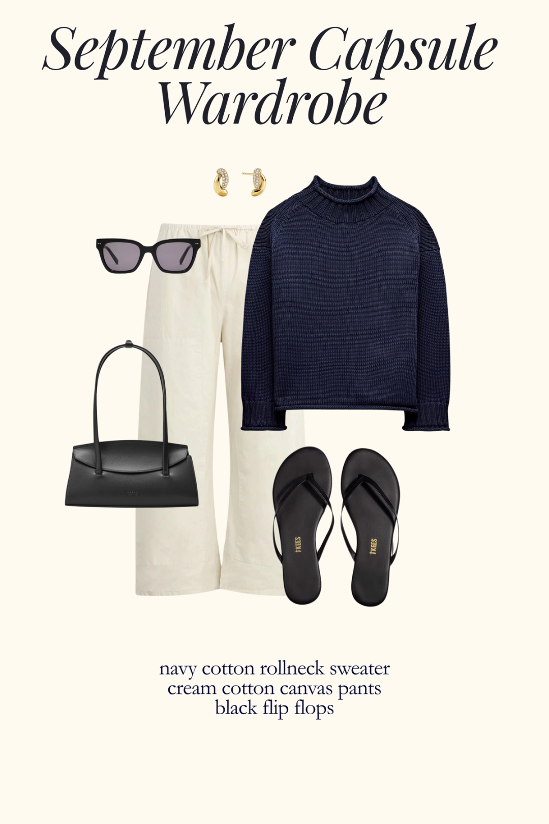 casual chic fall outfit with a navy rollneck sweater, cotton canvas barrel pants, and black flip flops