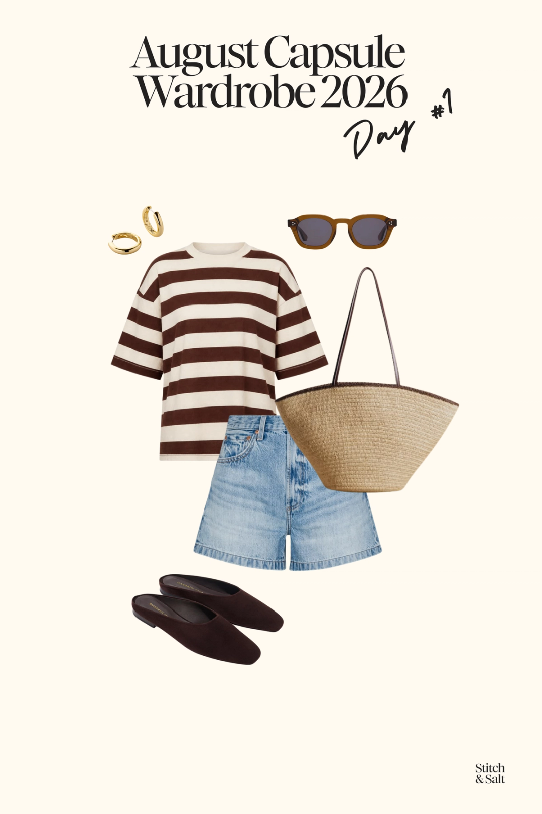 summer capsule wardrobe outfit with a white and brown striped tee, denim shorts, brown suede mules, and a woven tote bag