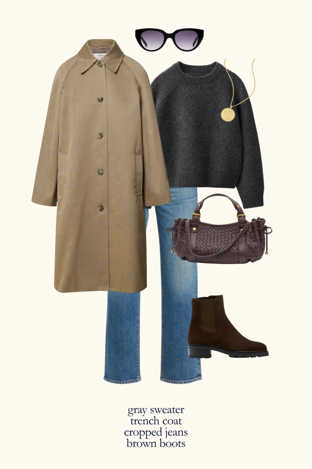 casual fall outfit with a gray sweater, tan trench coat, cropped denim, and brown suede chelsea boots