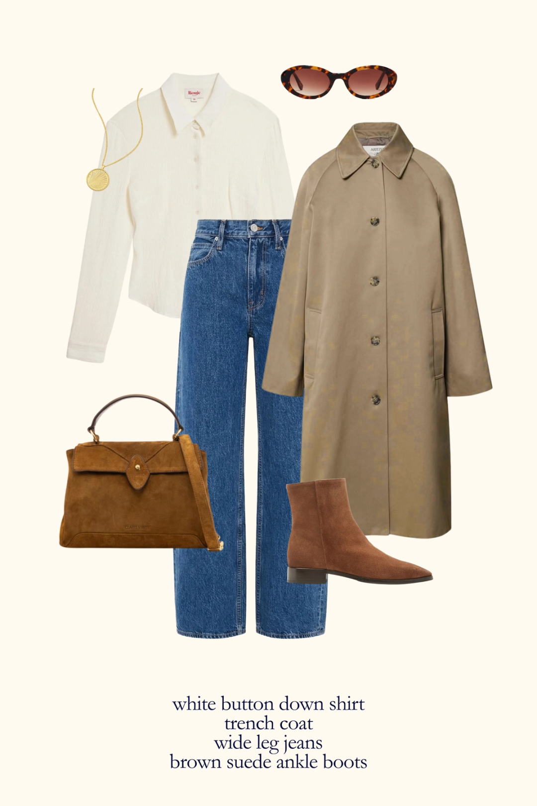 fall outfit with a white button down shirt, tan trench coat, wide leg jeans, and brown ankle boots