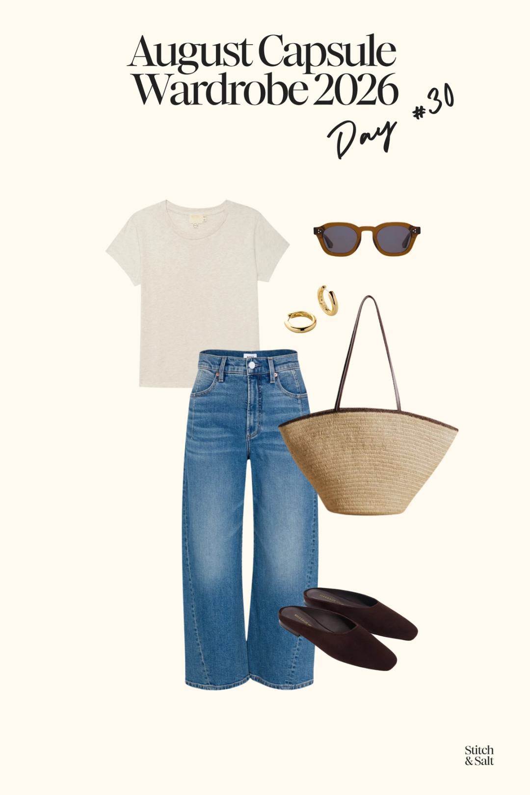 summer outfit idea with a white tee, wide leg jeans, brown suede mules, and a woven tote bag