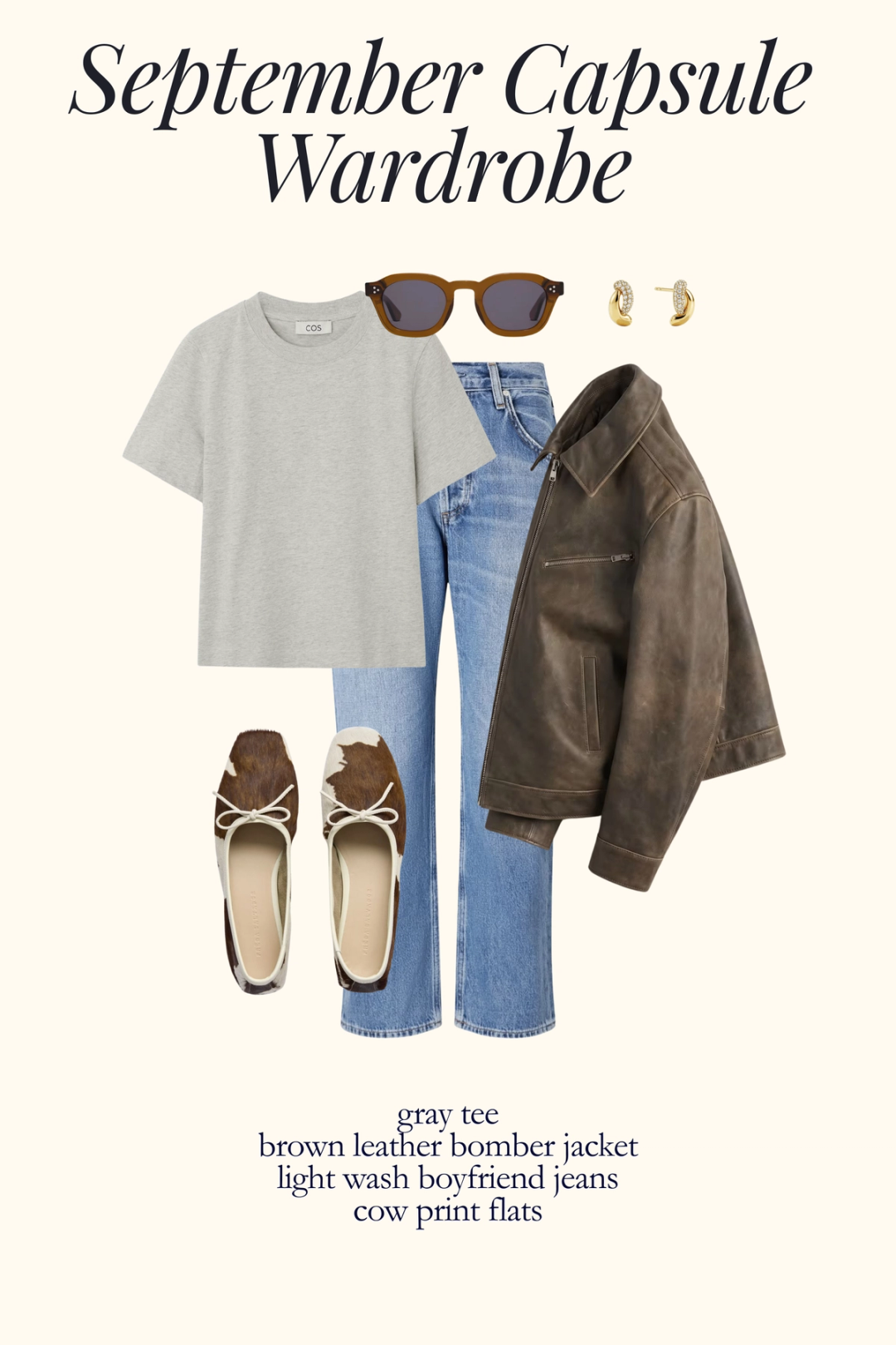 fall outfit idea with a gray tee, brown leather jacket, light wash jeans, and cow print ballet flats
