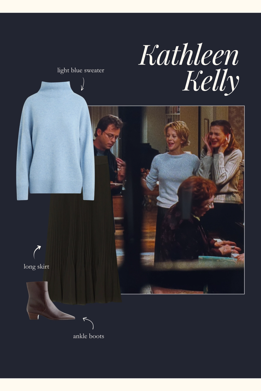 Kathleen Kelly outfit with a blue sweater and long skirt