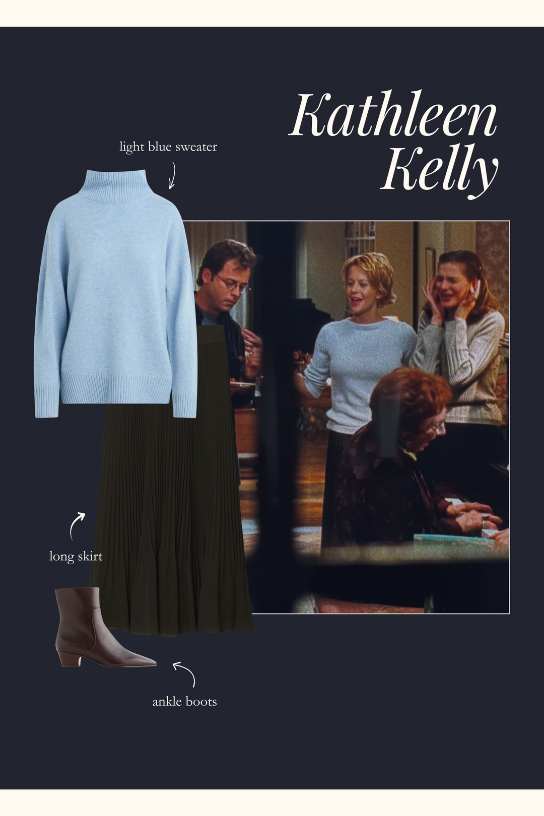 Kathleen Kelly outfit with a blue sweater and long skirt