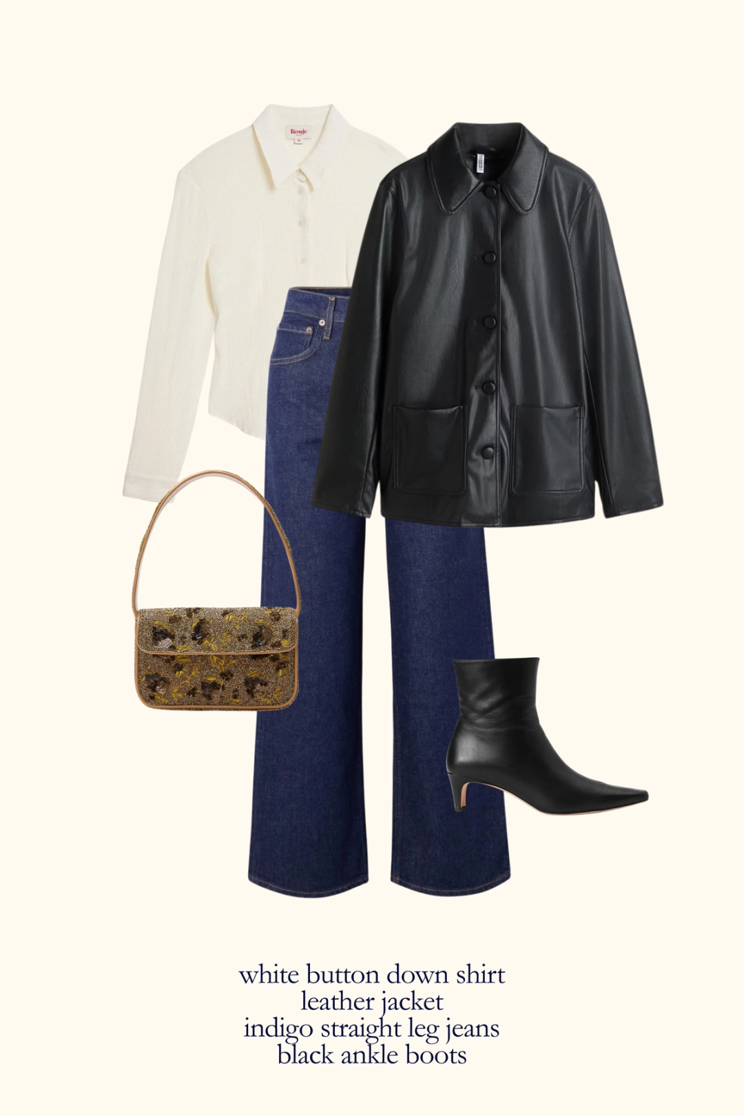 parisian inspired fall capsule wardrobe outfit with a white button down shirt, black leather jacket, indigo jeans, black ankle boots, and a beaded shoulder bag