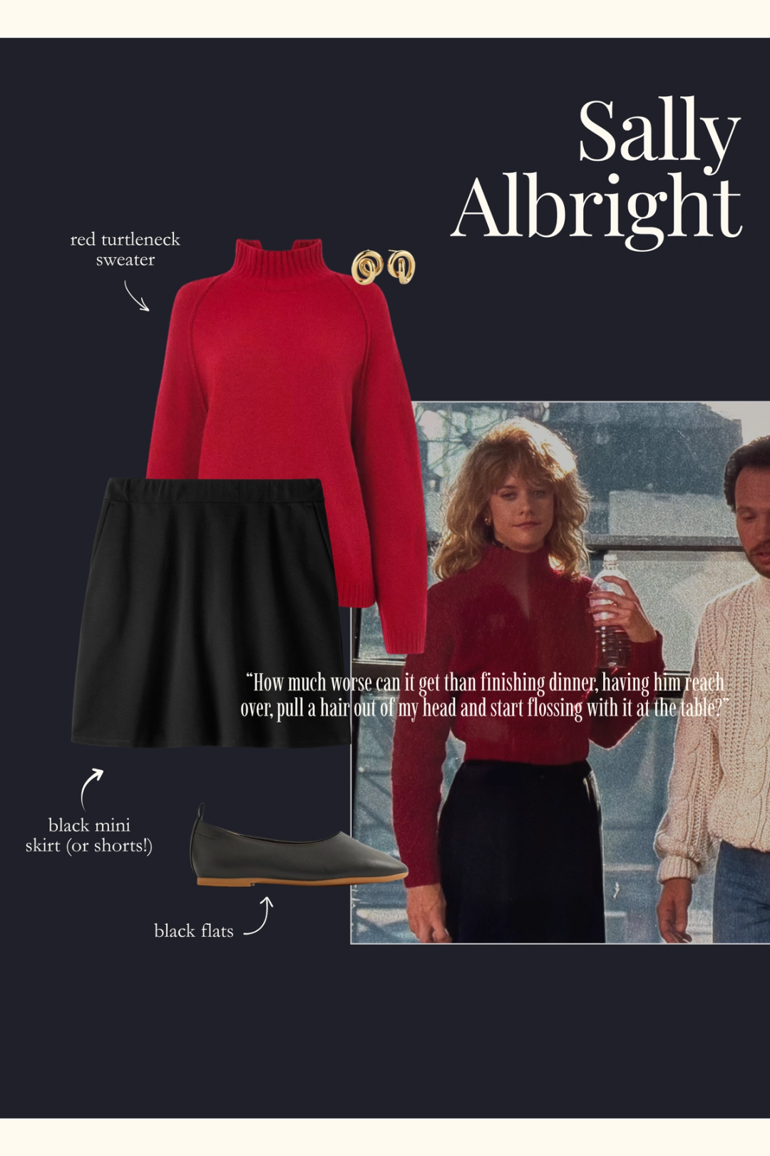 Sally Albright outfit with a red sweater, black skirt, and black flats