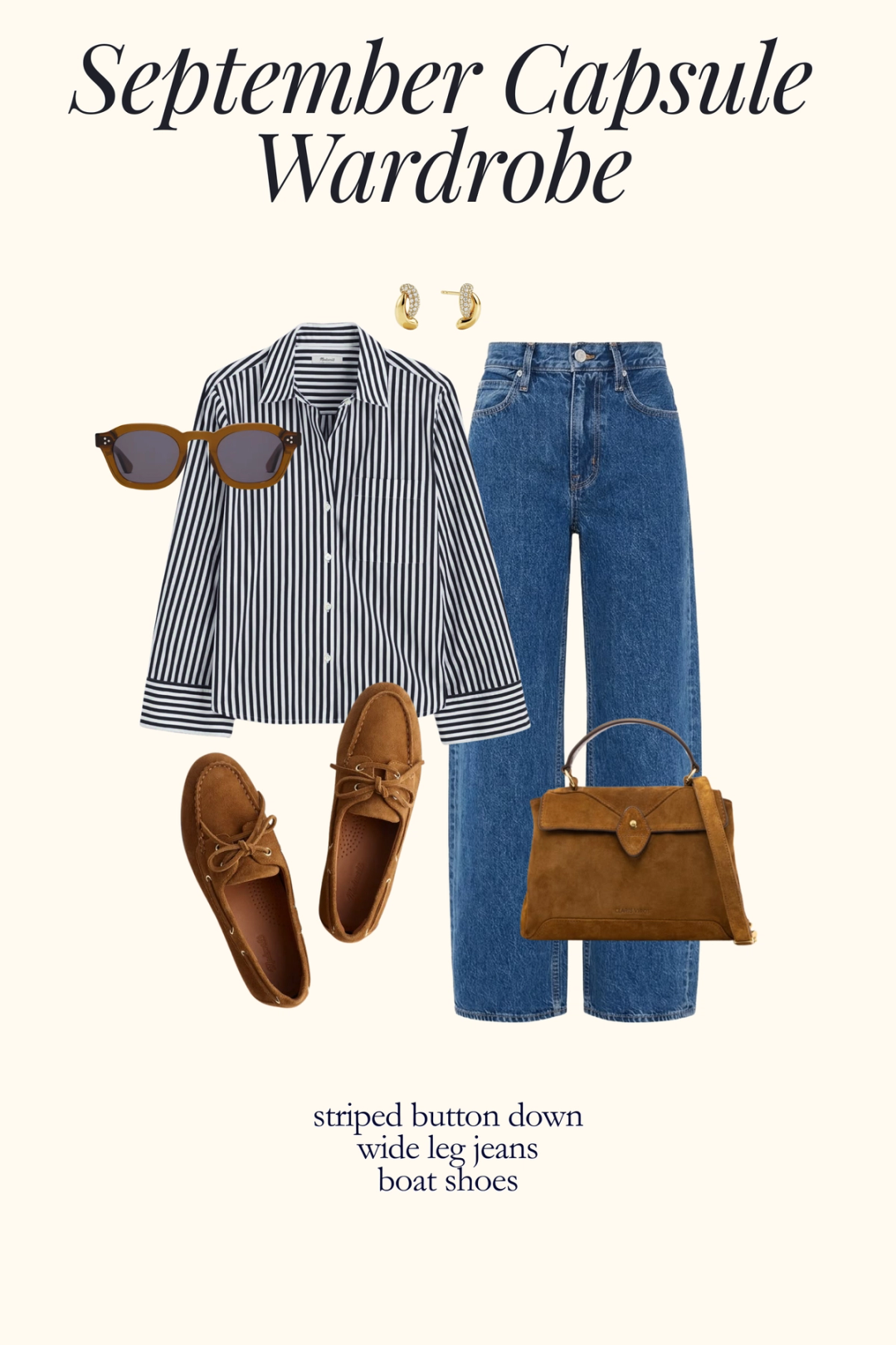 fall outfit with a striped button down shirt, wide leg jeans, and boat shoes