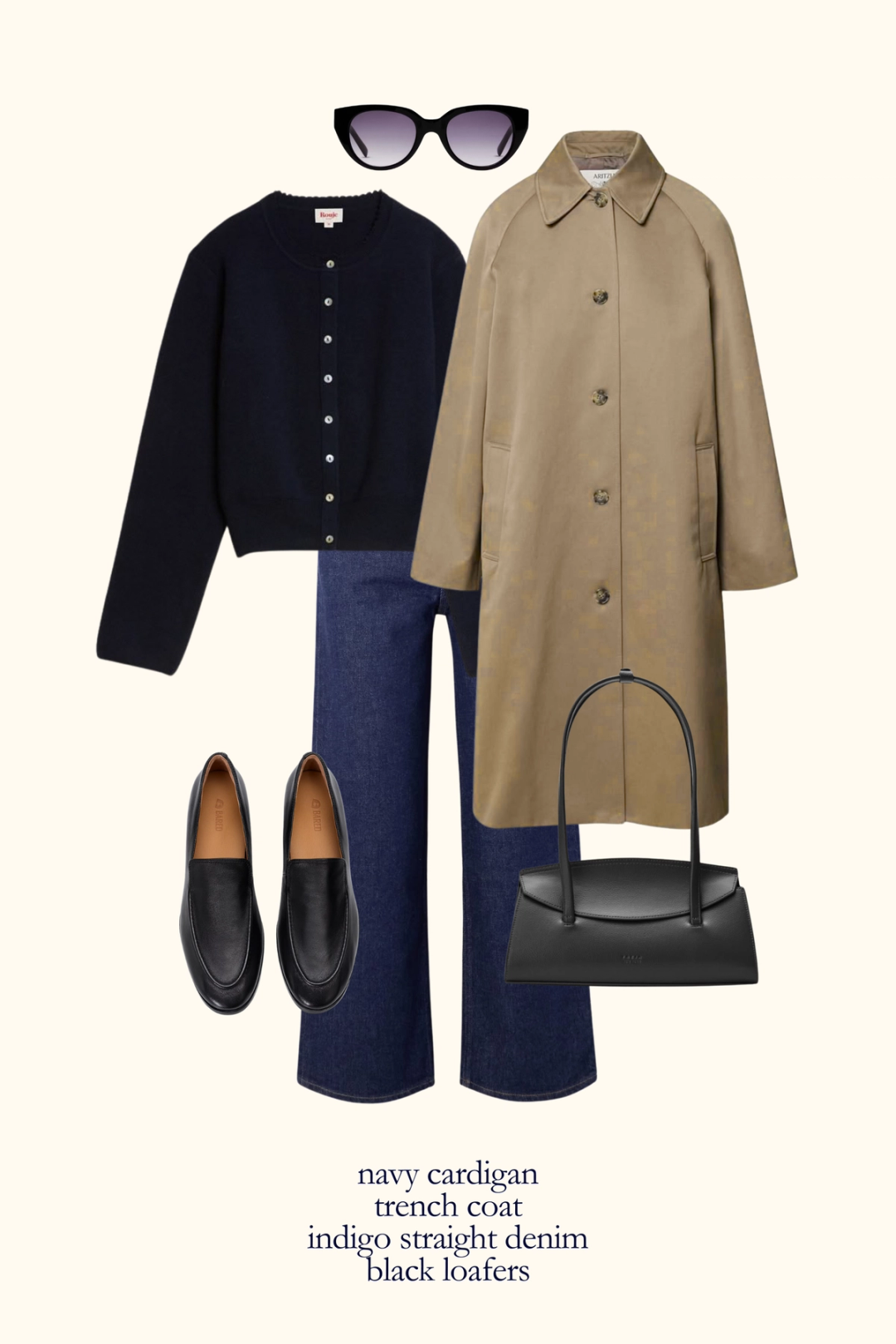 Parisian inspired fall outfit with a navy turtleneck, tan trench coat, indigo jeans, and black loafers